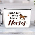 Weiße Segeltuch-Kosmetiktasche mit Pferdedruck und inspirierendem Zitat-Design - Just a Girl Who Loves Horses Druck (jiayingljb026)