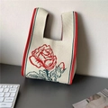 Beige knit tote bag with red rose pattern and stripe trim for daily use - Beige Orange