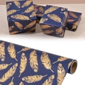 Dark blue wrapping paper roll with luxurious gold foil feather patterns for gift packing - Blue Background Gold Feathers
