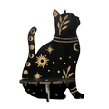 Wall-mounted black wooden cat shelf with gold celestial sun and moon patterns - Cat Style 1