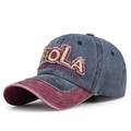 Vintage cotton baseball cap in dark grey and burgundy with HOLA embroidery and distressed brim - Adjustable / Navy Blue