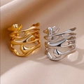 Minimalist geometric open rings in 18k gold and silver finish with liquid metal texture - Multilayer Streamline Hollow