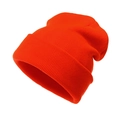 Detailed close-up of bright orange ribbed knit beanie showing soft texture and folded cuff - Orange