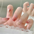 Uñas postizas degradadas rojas estilo francés con perlas, lentejuelas y pedrería - Estilo de Corazón Degradado-Estilo de Pegamento(D-01)