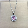 Collier argenté élégant avec pendentif zircon rose ovale et double halo de diamants - 0632-Argent Ovale Rose