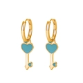 S925 silver needle heart key hoop earrings in gold finish with sky blue enamel - Heart Key Pendant / Sky Blue/Gold