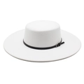 Detail of white wool felt boater hat featuring a black leather band with a metal buckle - M (56-58cm) / White