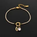 14K gold plated stainless steel bracelet with Gothic D letter and rhinestone pendant - Letter O