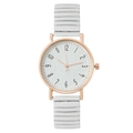 Women's quartz watch with white elastic metal band and rose gold case on white background - White