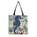Minimalist canvas tote bag with ocean creature prints, shown in a flat lay view - Multicolor Seahorse and Nautical Elements Pattern (hm4548b)