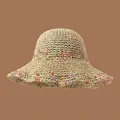 Handmade straw cloche hat with colorful woven thread accents on a rustic brown surface - L (58-60cm) / Colorful Stitching Beige
