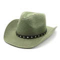 Detail of olive green cowboy straw hat featuring black leather band with silver rivets - M (56-58cm) / Army Green