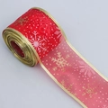Ruban de Noël rouge en maille avec flocons blancs, paillettes dorées et bord métallique - Flocon de Neige Blanc Bord Doré / 6.5cm Large / 10 Yards