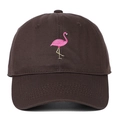 Close-up of pink flamingo embroidery on dark brown cotton baseball cap detail - Coffee