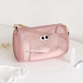 Pink mesh cylindrical toiletry bag with cartoon eye pattern and beige handle - Pink