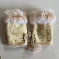 Yellow fingerless rabbit fur gloves with star moon prints and pink pompom charms - One Size / Beige Floral