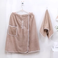 Coffee brown coral fleece bath towel wrap set with white embroidery and pocket - Men's Bath Skirt And Towel Set / Camel