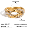 Golden knot style stainless steel ring with zircon stones in a sleek waterproof design - Gold Knot Rhinestone Style (JDR0105015-7)