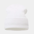 Close-up of white knit beanie showing detailed vertical ribbed texture and elastic material - One Size / White
