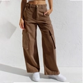 Bruine cargo-broek voor dames met wijde pijpen en meerdere zakken van katoenen twill stof - S / koffiekleur