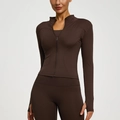 Slim fit dark brown yoga jacket and leggings set with high neck and thumb holes - S / Distilled Coffee