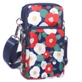 Navy blue mini crossbody phone bag with red camellia print and triple zip compartments - Morning Glory
