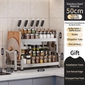 Double-tier 50cm stainless steel kitchen spice rack with knife holder and hooks - Double Layer 50cm + Knife Rack + Board Rack + Chopstick Tube + Hooks
