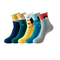 Five-pair set of vibrant cartoon cat cotton crew socks displayed on a white background - Moon Colorful Cat Set