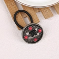 Western cowboy style black hair tie with vintage silver metal button and red turquoise beads - Hollow-Red