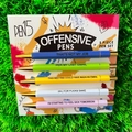 Set of 5 colorful pens with motivational text and gold clips on a vibrant card - Offensive Phrases (Blue/Green/White)