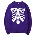 Deep purple fleece hoodie featuring white skeletal rib cage print and drawstring hood - S / Tops / Dark Purple (White Skeleton Print)