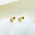 Elegant gold teardrop stud earrings with pavé zircons on a white minimalist pedestal - Teardrop Gold