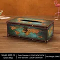 British style world map pattern tissue box with vintage metal latch and faux leather trim - 4200-16 Green Map