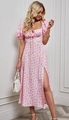 Detalle de vestido midi floral rosa con mangas abullonadas y diseño de abertura lateral - S / Rosa Floral