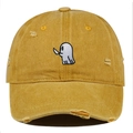 Detailed close-up of cute ghost embroidery and distressed holes on yellow cotton baseball cap - One Size / Orange