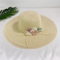 Close-up of wide brim straw hat with crochet lace edge and fabric flower detail - M(56-58cm) With Windproof Rope / Beige