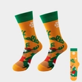 Orange Christmas crew socks featuring cartoon reindeer patterns and green Hello text - No. 08-Orange Jacquard Reindeer Hello