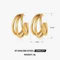 Triple layer C-shaped 18K gold plated stainless steel hoop earrings in polished finish - Gold