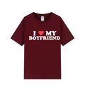 Short sleeve burgundy T-shirt made of cotton featuring I Love My Boyfriend white print - Wine Red (Boyfriend)