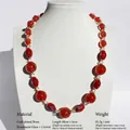 Handmade red lampwork glass bead long necklace with 18K gold plated brass clasp - Handmade Lampwork Mid-length Necklace / Red with Blue White Pattern