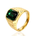Macro view of gold men's ring featuring green square emerald gemstone and Greek key pattern - Gold Green Zirconia