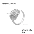 Silver-finish ribbed stainless steel open ring with 13.7mm wide textured band - One Size US 7 / Shell Stripe (A969-Silver)