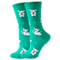 Green mid-calf socks with white cartoon dog patterns and red bow ties for daily wear - Size 35-42 / Schnauzer