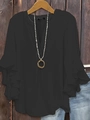 Detail of elegant V-neckline and layered ruffle bell sleeves on a black chiffon blouse - S / Black