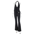 Detail van zwarte tweedelige set met haltertop en aansluitende flared broek dames - S / Zwart