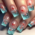 Macro shot of 3D goldfish and water bubble details on long ballet press-on nails - 3D Goldfish Aquarium Gradient Style (AW451)