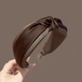 Elegant dark coffee brown silk satin padded headband with stylish knotted top detail - S89 Coffee Satin Knot Style