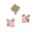 Pink heart pendant with gold rim and small rhinestone for DIY jewelry making - Pink Heart