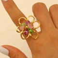 Golden flower ring with colorful stones including purple, pink and green petal accents - Gold (A-60)