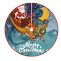 90cm blue Christmas tree skirt featuring festive Santa Claus and reindeer illustrations - Blue Santa Sleigh